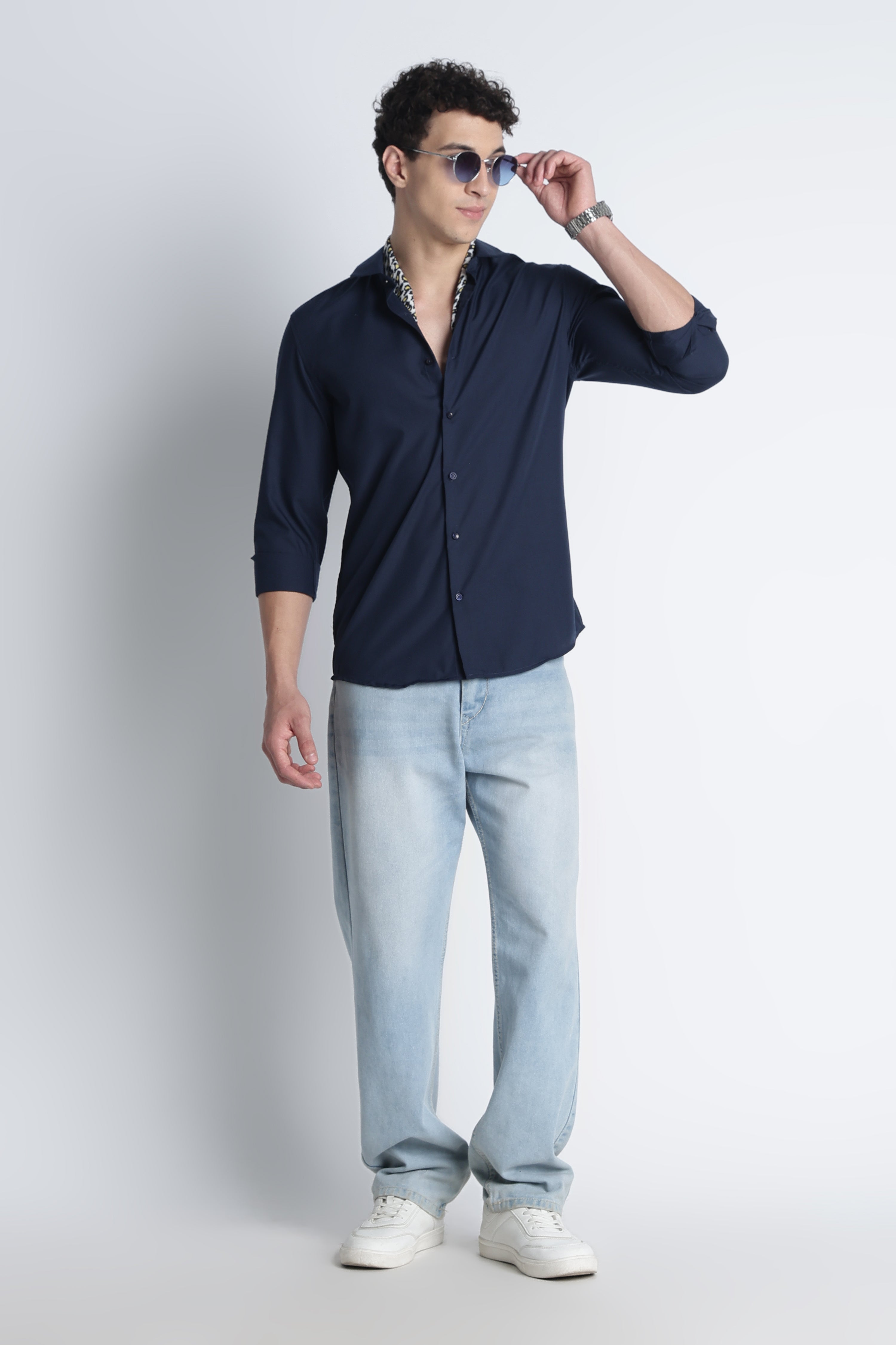 Men Liquid Nylon Plain Shirts-Navy