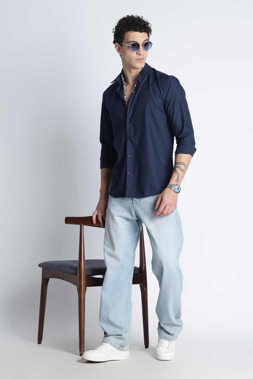 Men Liquid Nylon Plain Shirts-Navy