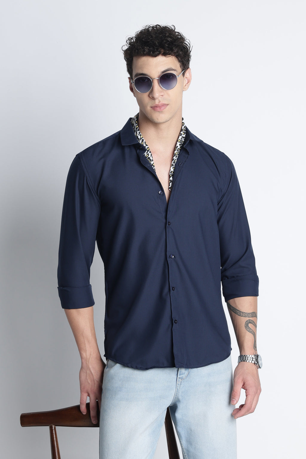 Men Liquid Nylon Plain Shirts-Navy