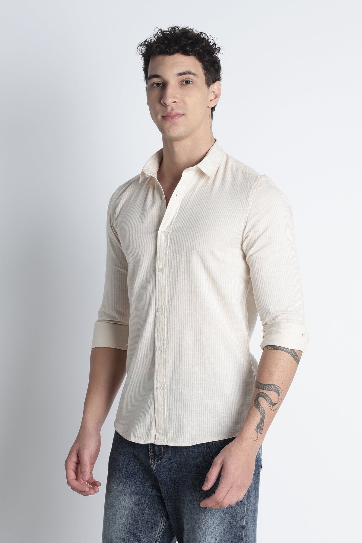 Men Curio Cotton Stripes Shirt-Beige