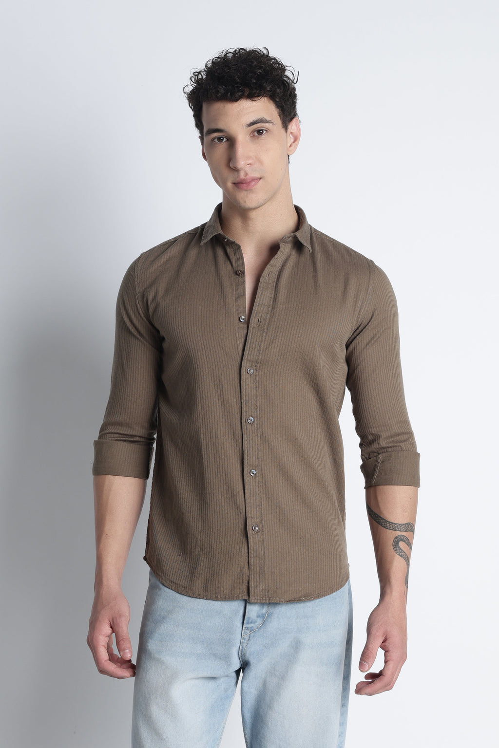 Men Curio Cotton Stripes Shirt-Fawn