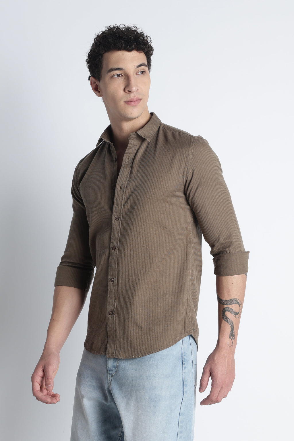 Men Curio Cotton Stripes Shirt-Fawn