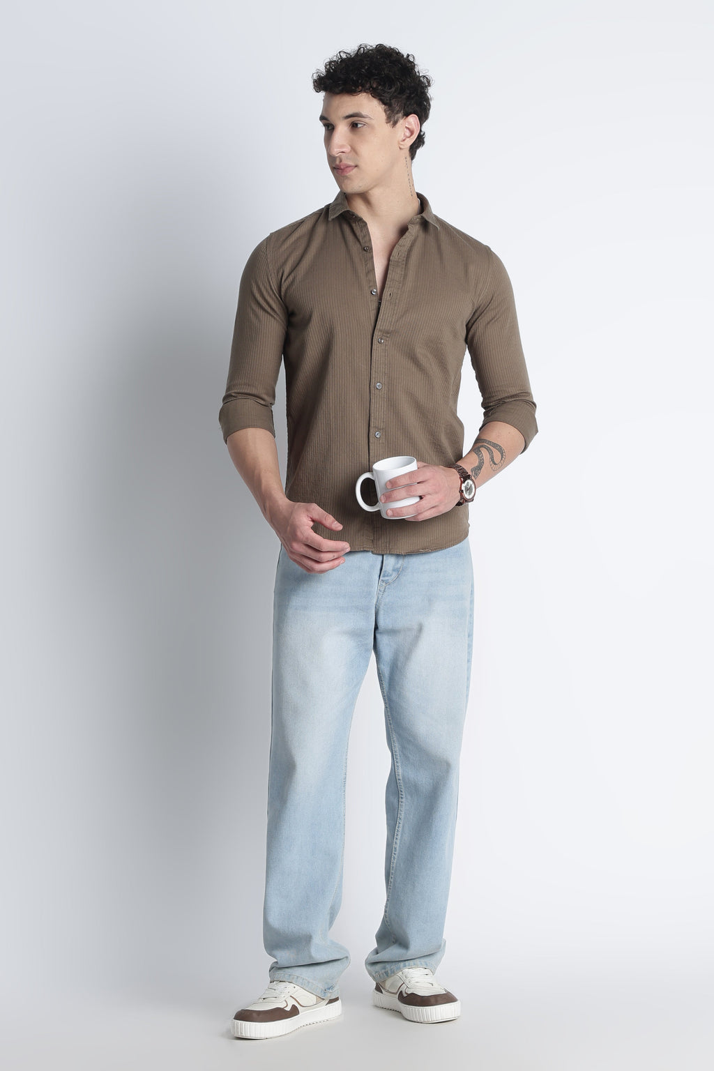 Men Curio Cotton Stripes Shirt-Fawn