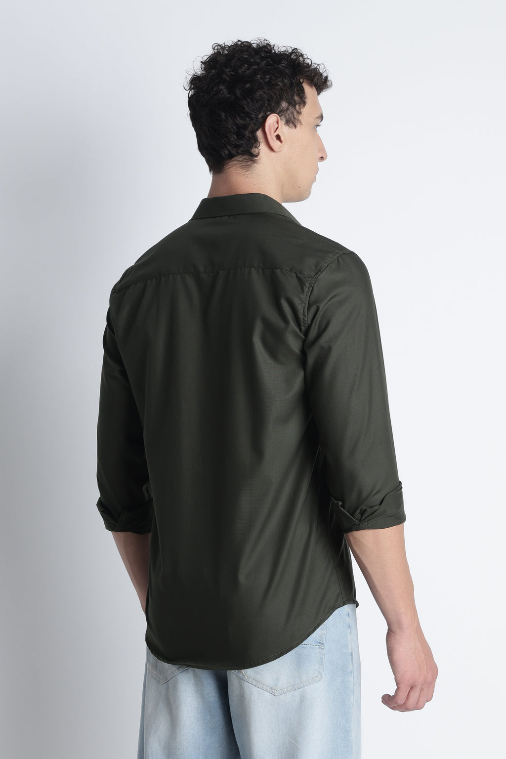 Men Liquid Nylon Plain Shirts-Olive