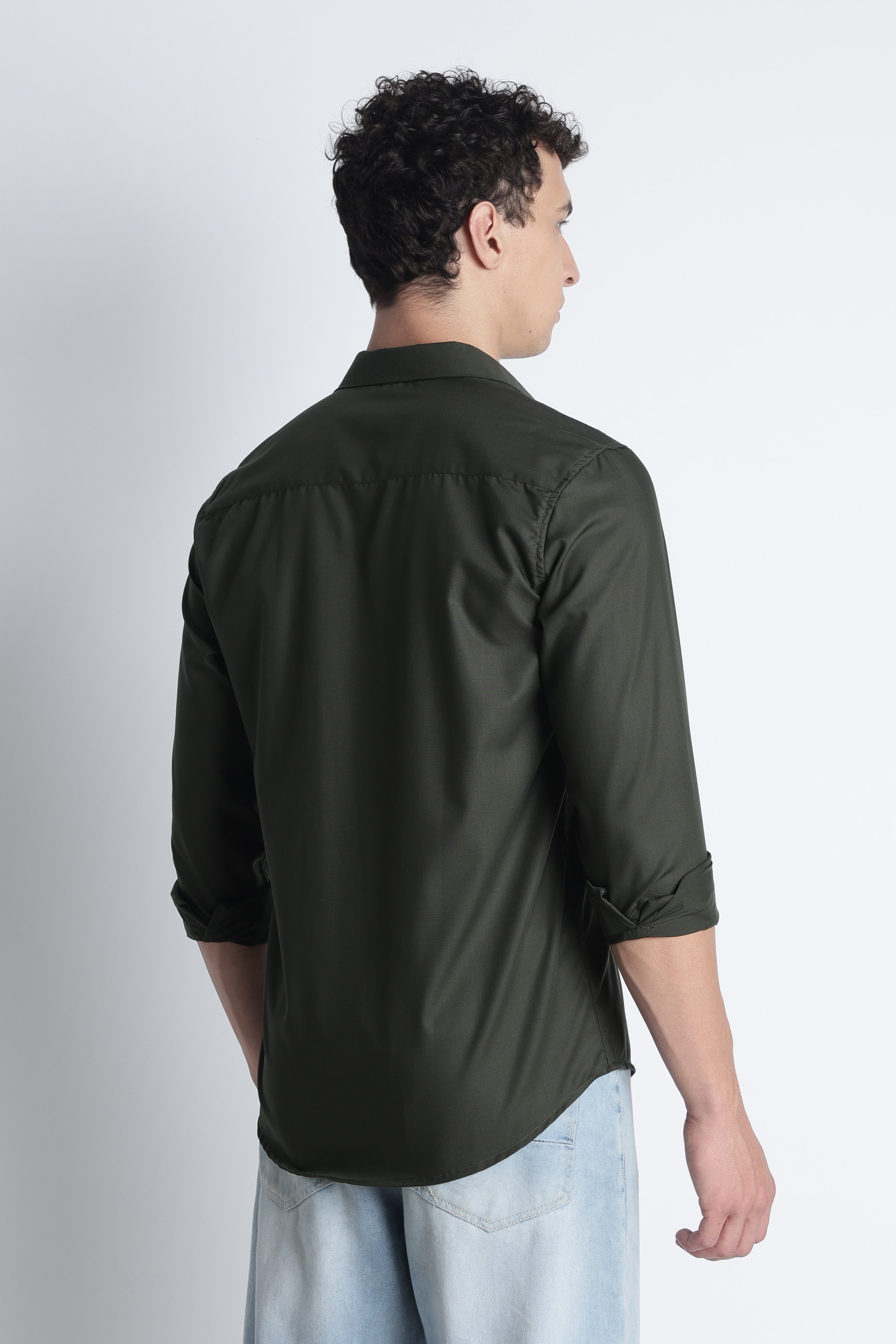 Men Liquid Nylon Plain Shirts-Olive