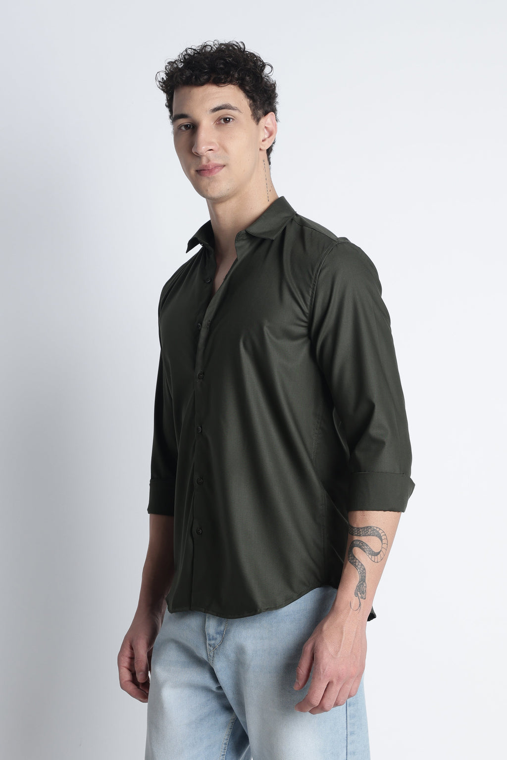 Men Liquid Nylon Plain Shirts-Olive