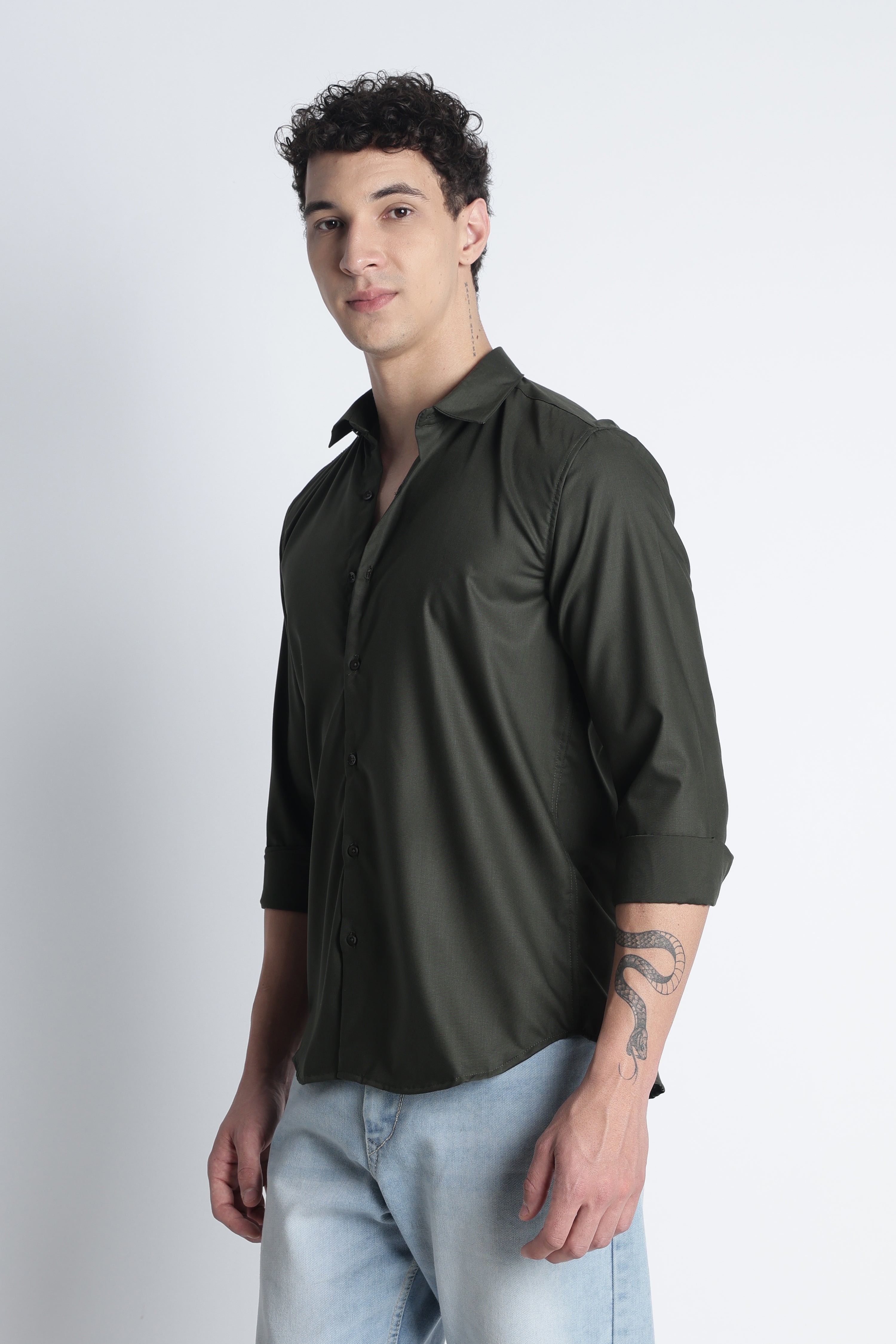 Men Liquid Nylon Plain Shirts-Olive