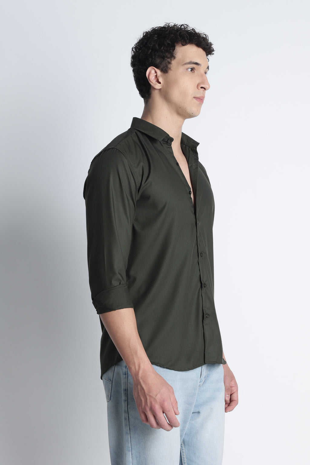 Men Liquid Nylon Plain Shirts-Olive