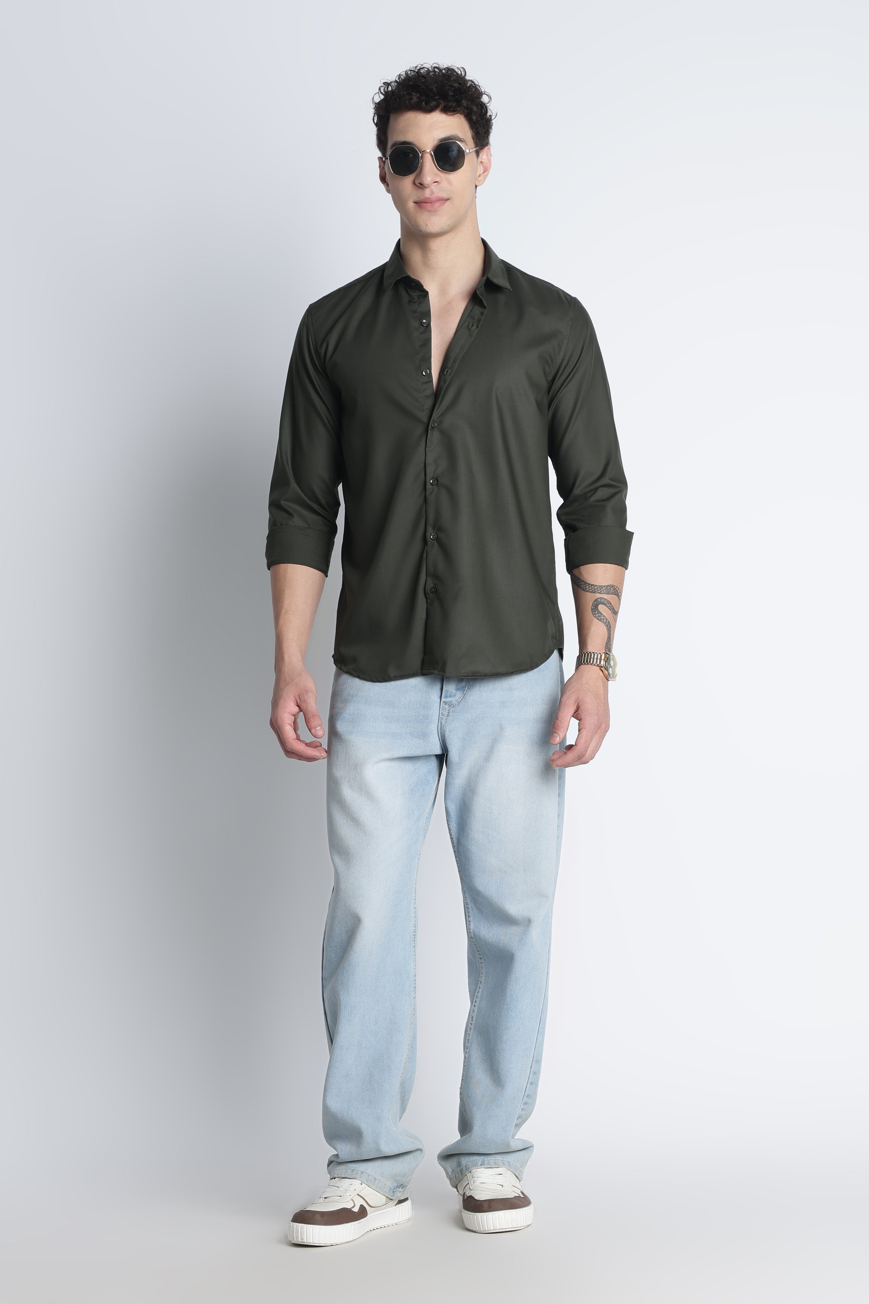 Men Liquid Nylon Plain Shirts-Olive