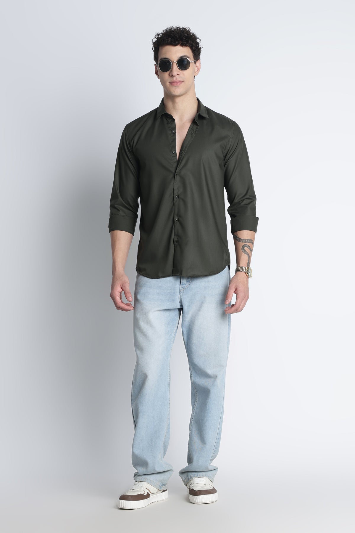 Men Liquid Nylon Plain Shirts-Olive