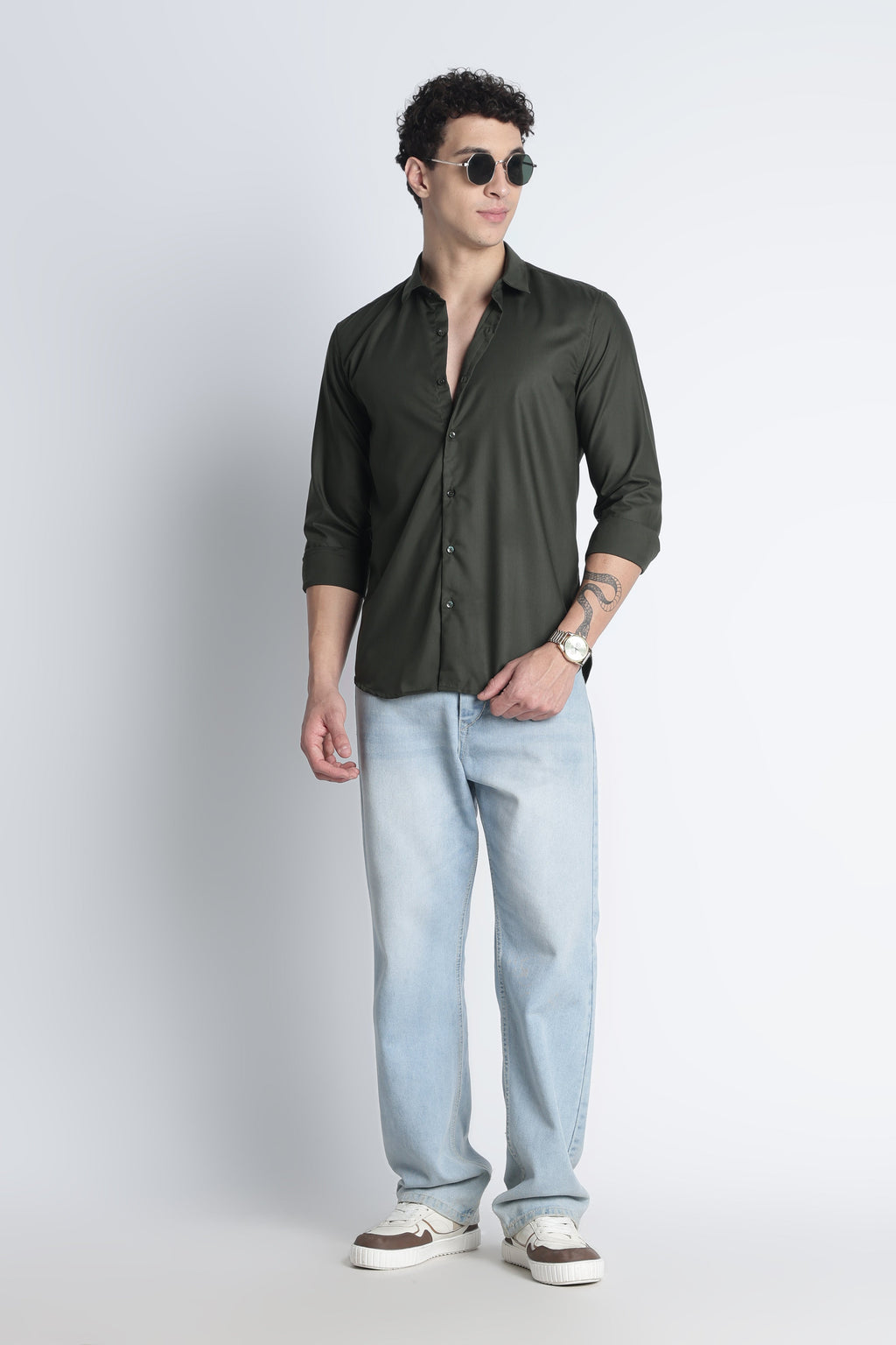 Men Liquid Nylon Plain Shirts-Olive