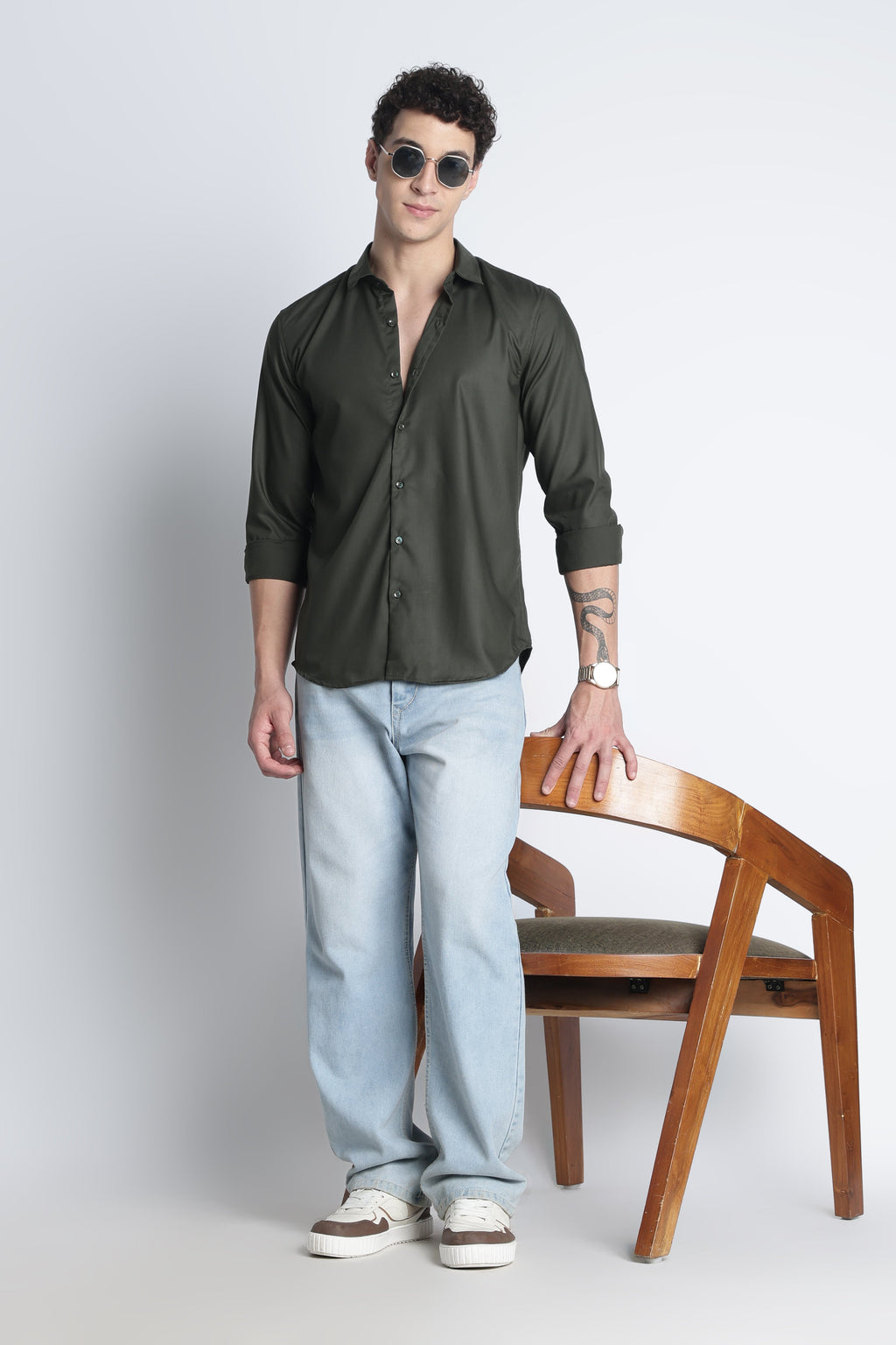 Men Liquid Nylon Plain Shirts-Olive