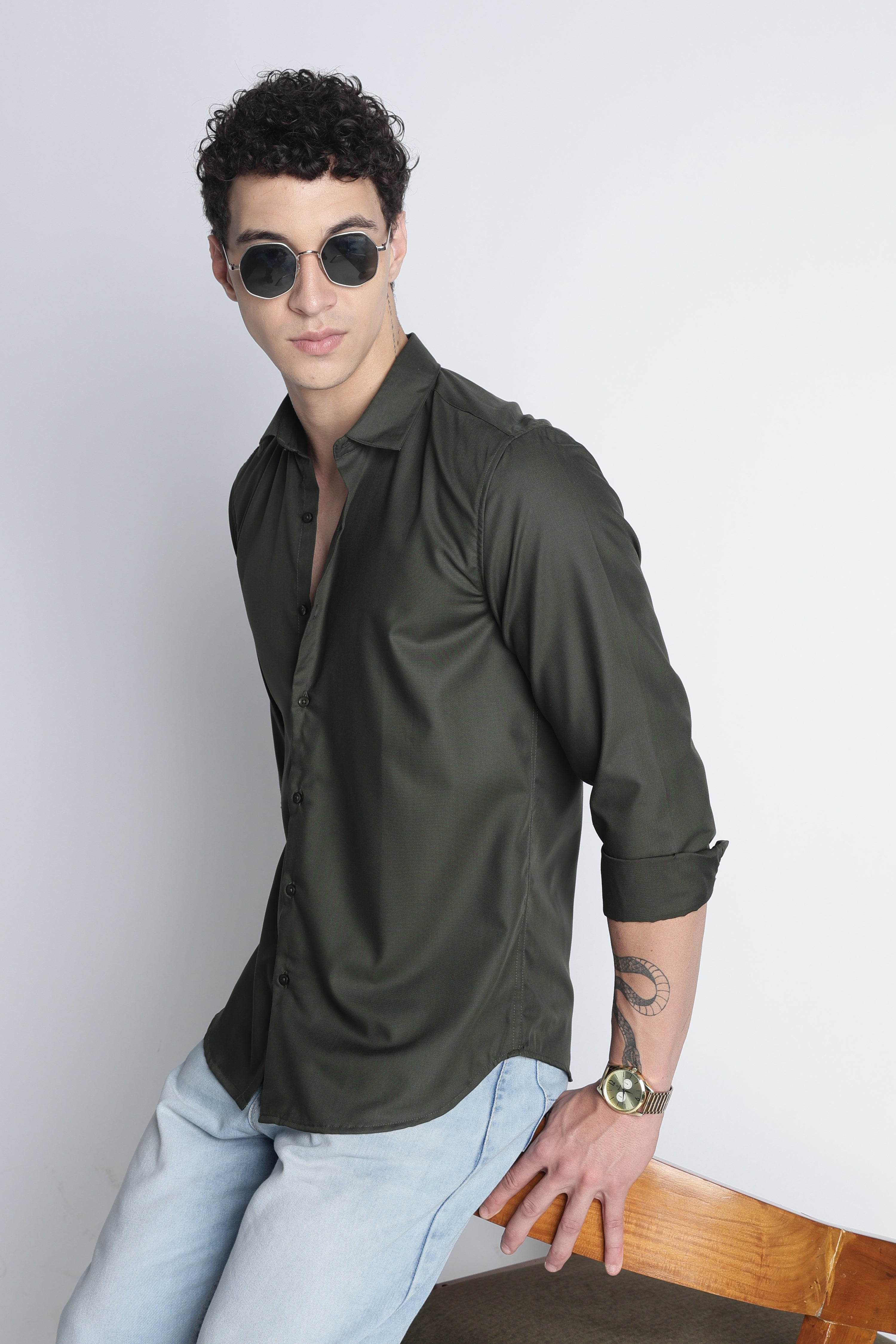 Men Liquid Nylon Plain Shirts-Olive