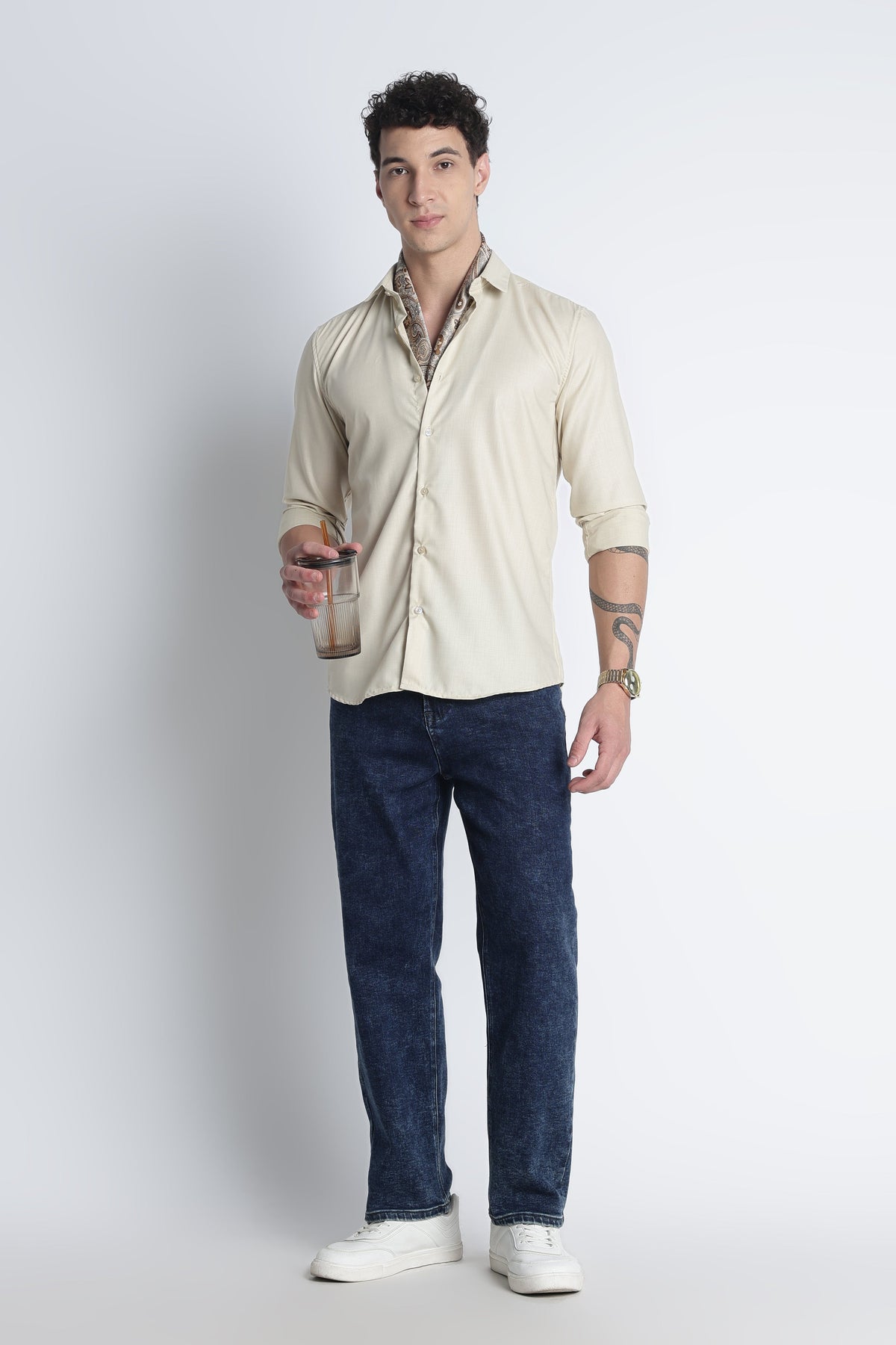 Men Liquid Nylon Plain Shirts-Beige