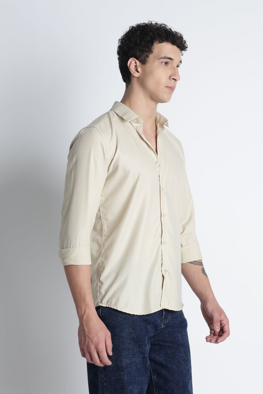 Men Liquid Nylon Plain Shirts-Beige