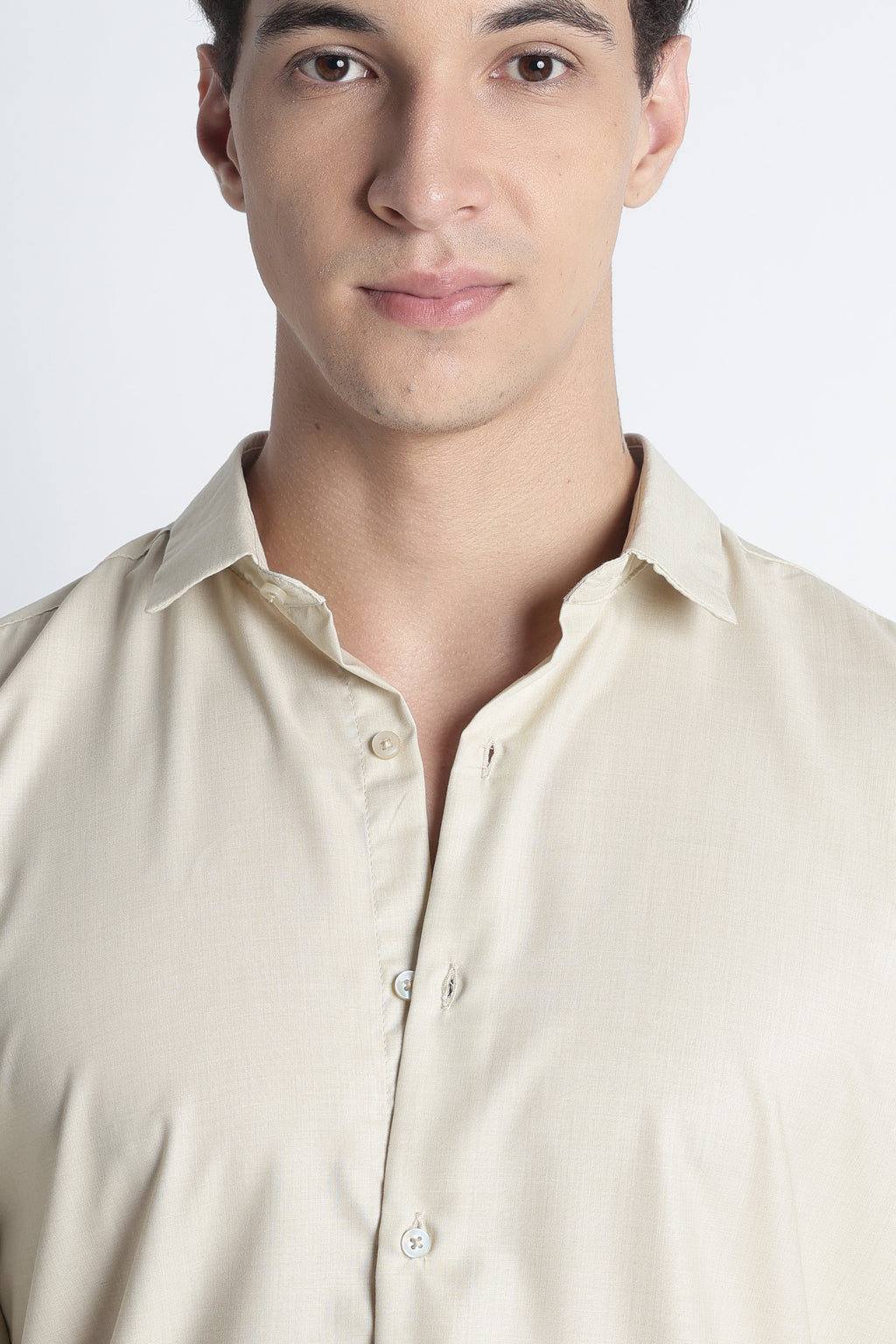 Men Liquid Nylon Plain Shirts-Beige