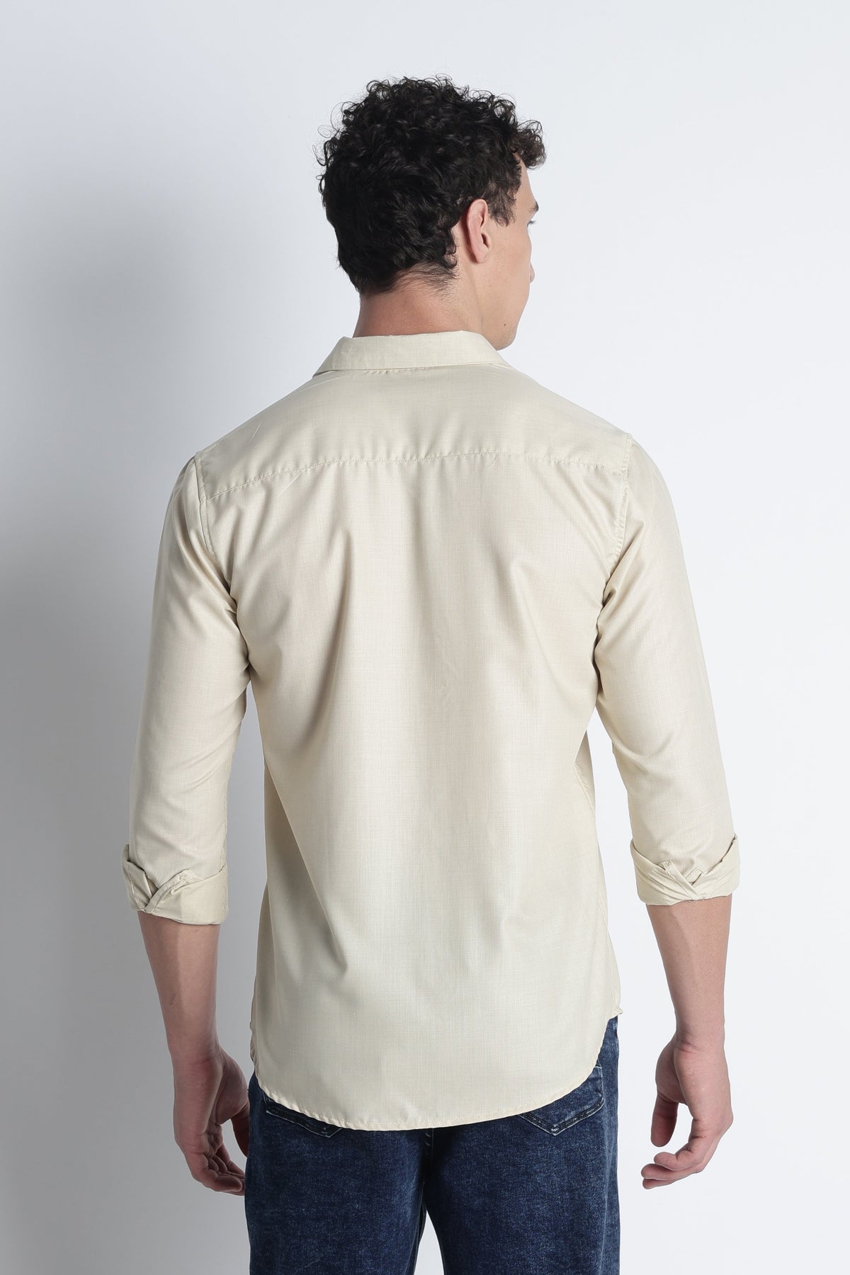 Men Liquid Nylon Plain Shirts-Beige