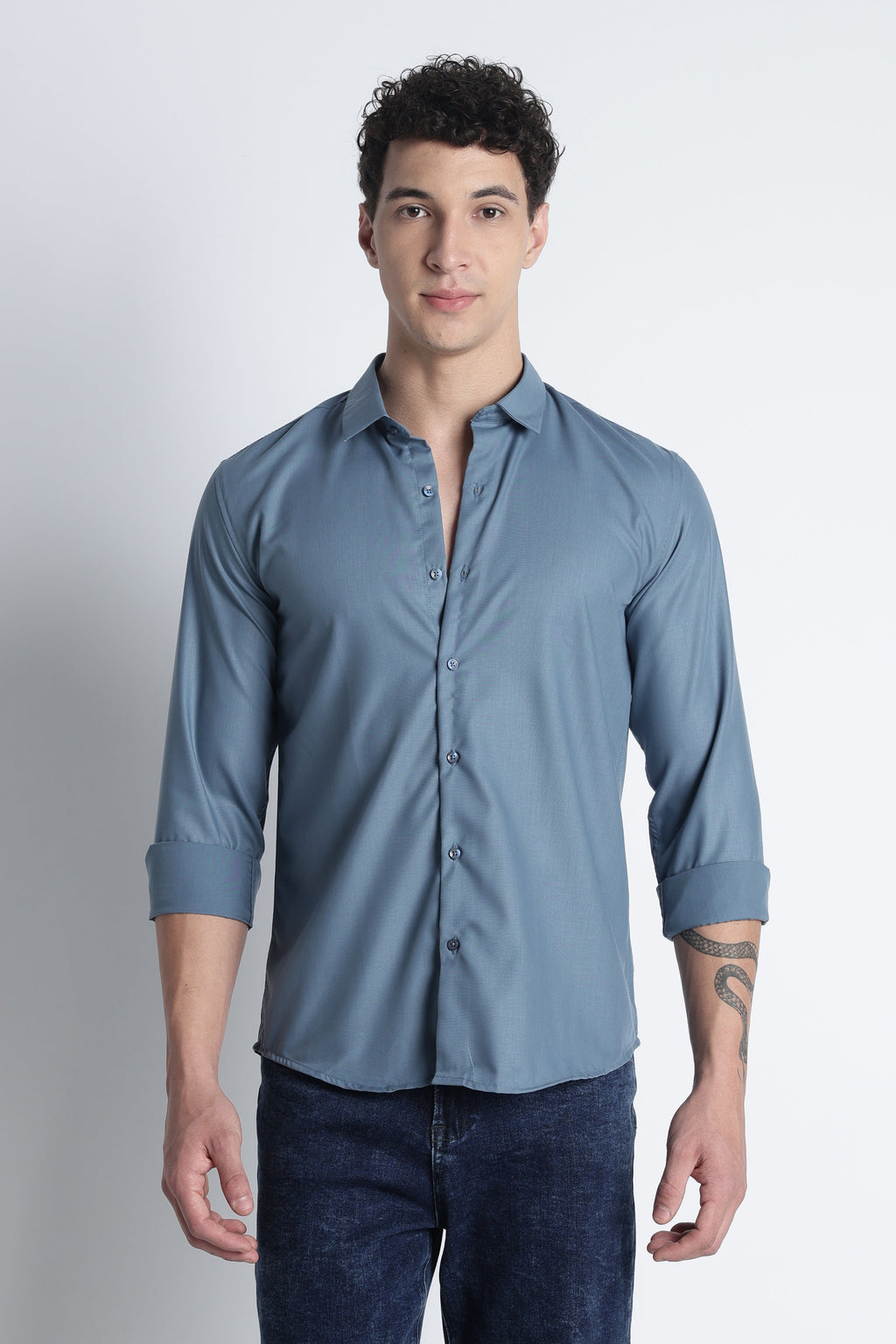 Men Liquid Nylon Plain Shirts-Teal