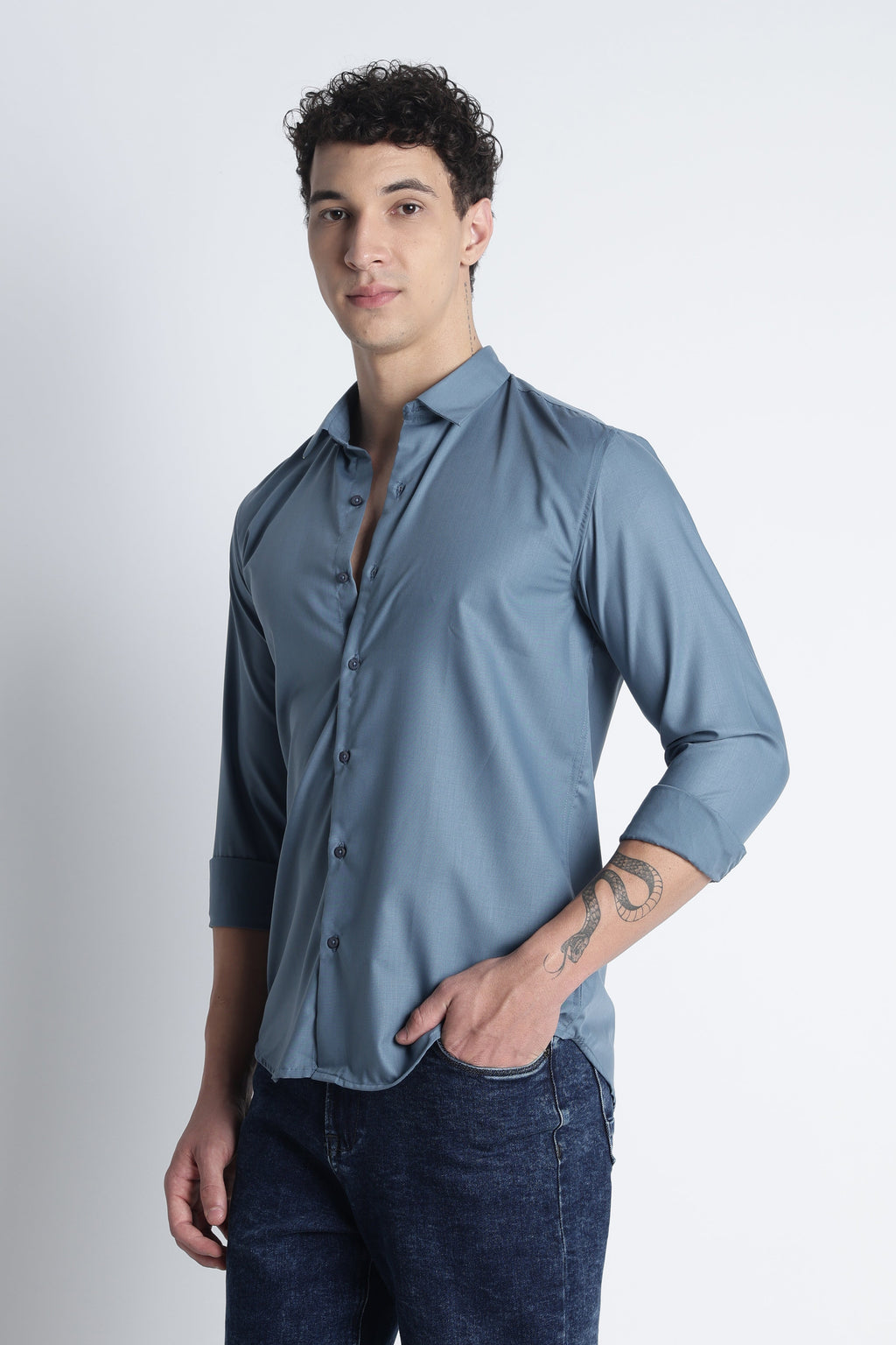 Men Liquid Nylon Plain Shirts-Teal