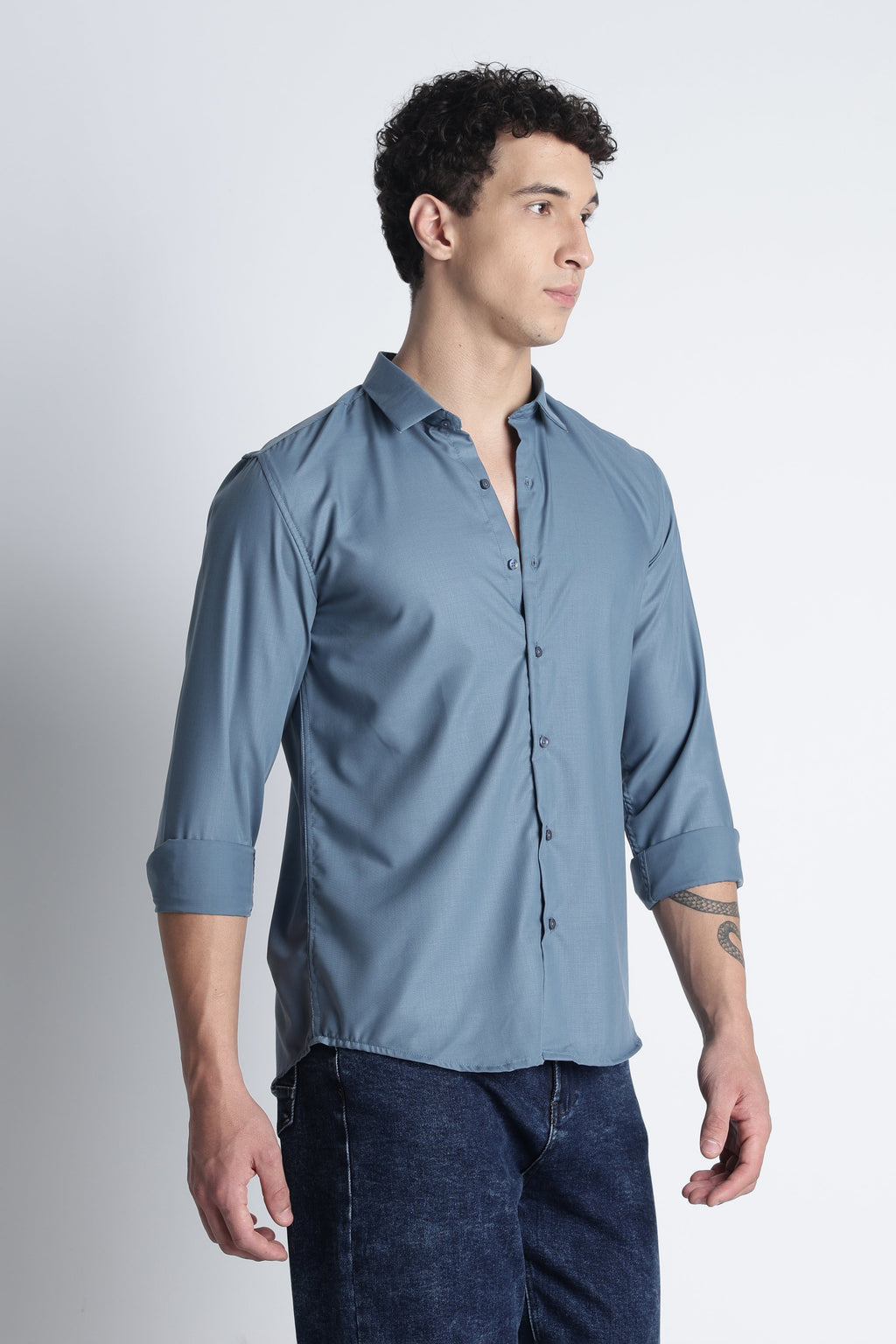 Men Liquid Nylon Plain Shirts-Teal