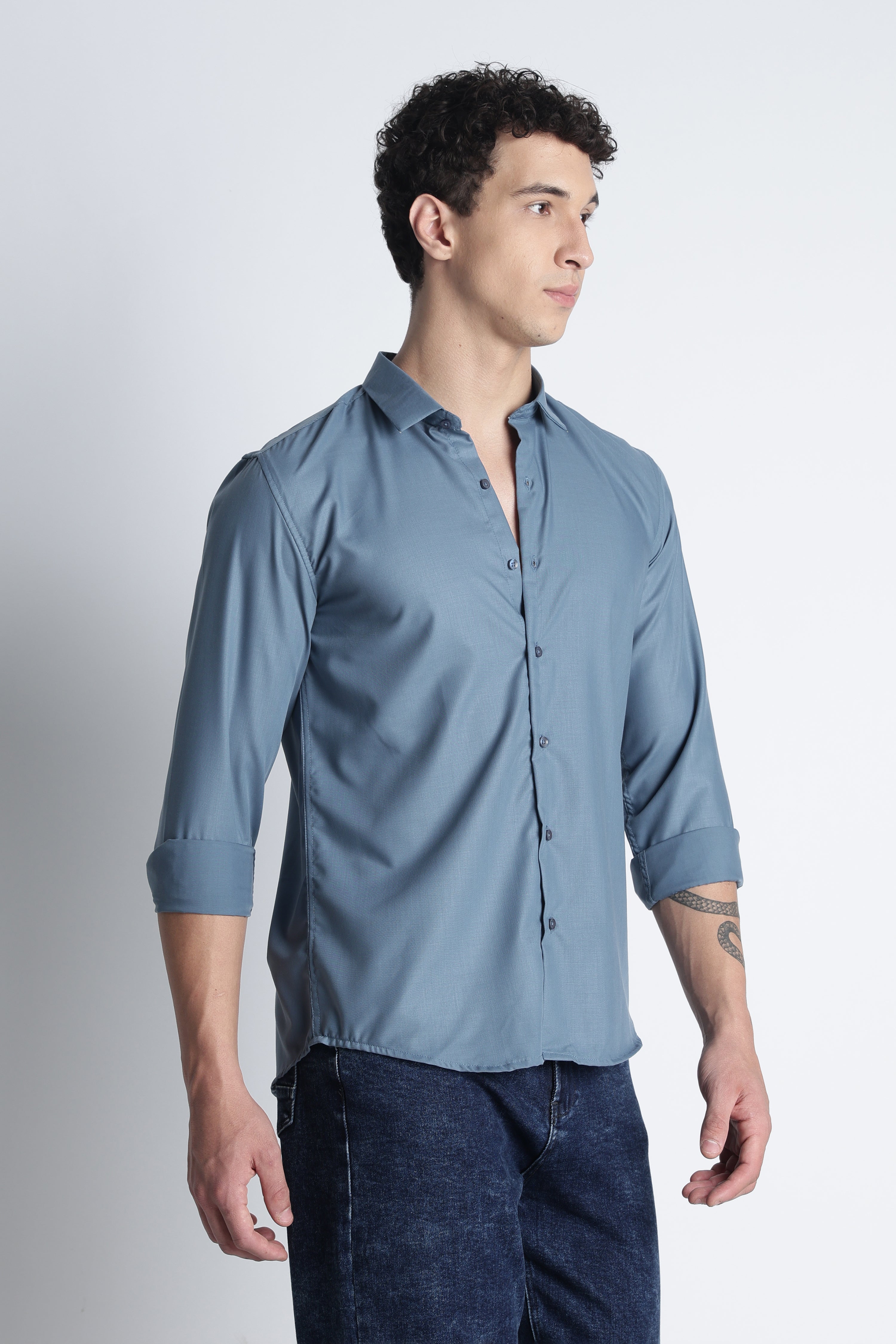 Men Liquid Nylon Plain Shirts-Teal
