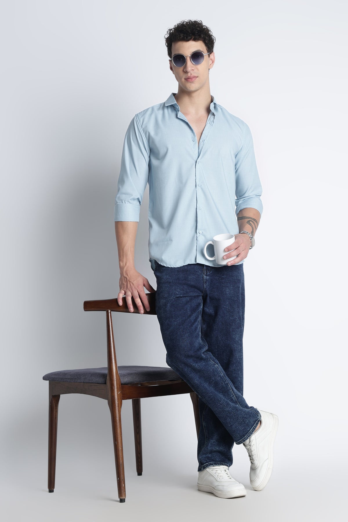 Men Liquid Nylon Plain Shirts-Lt Blue