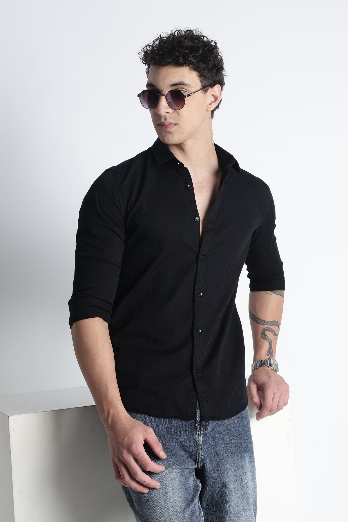 Men Curio Cotton Stripes Shirt-Black
