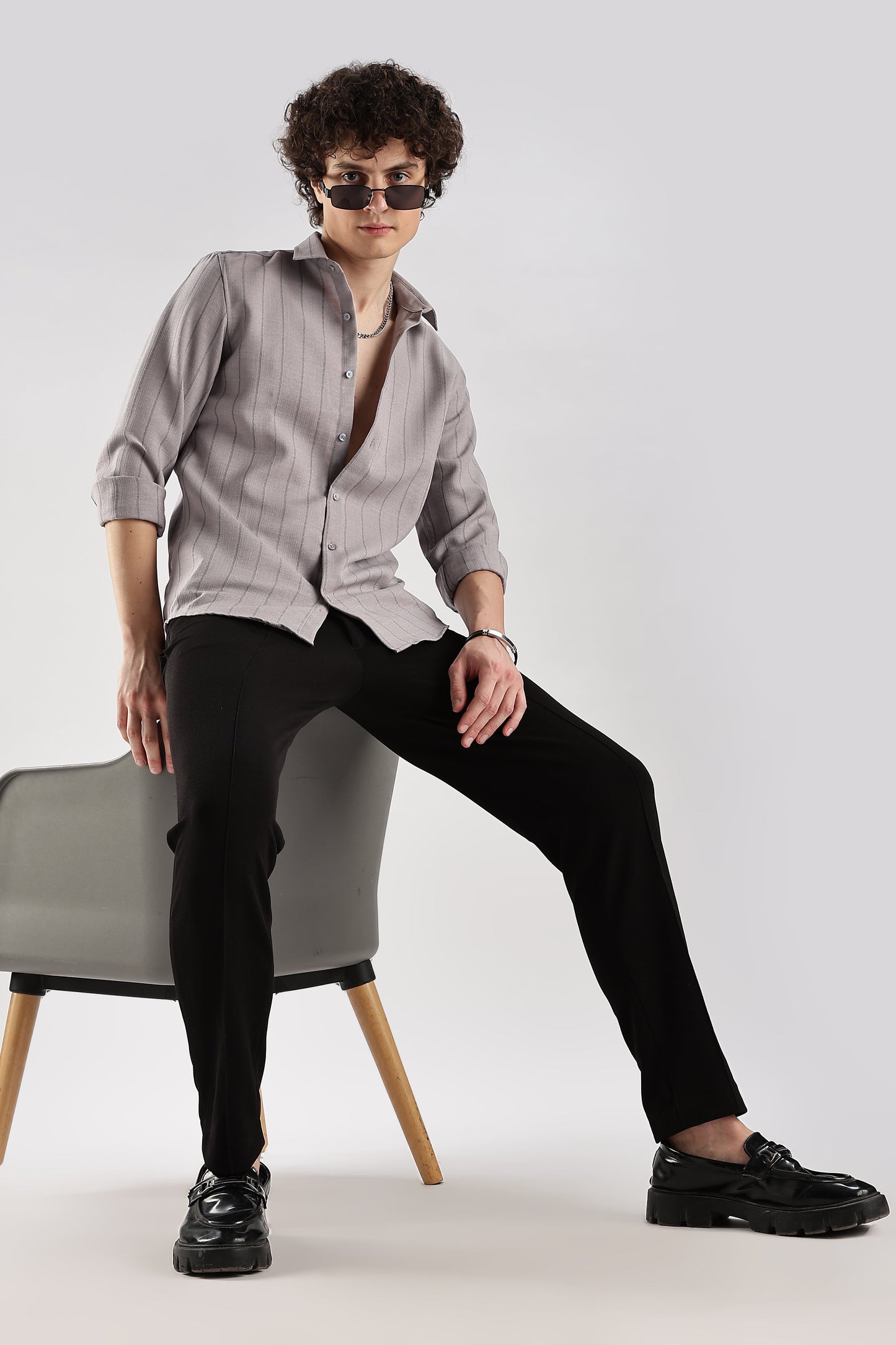 Men Air Like Linen Stripes Shirt-Lt Grey