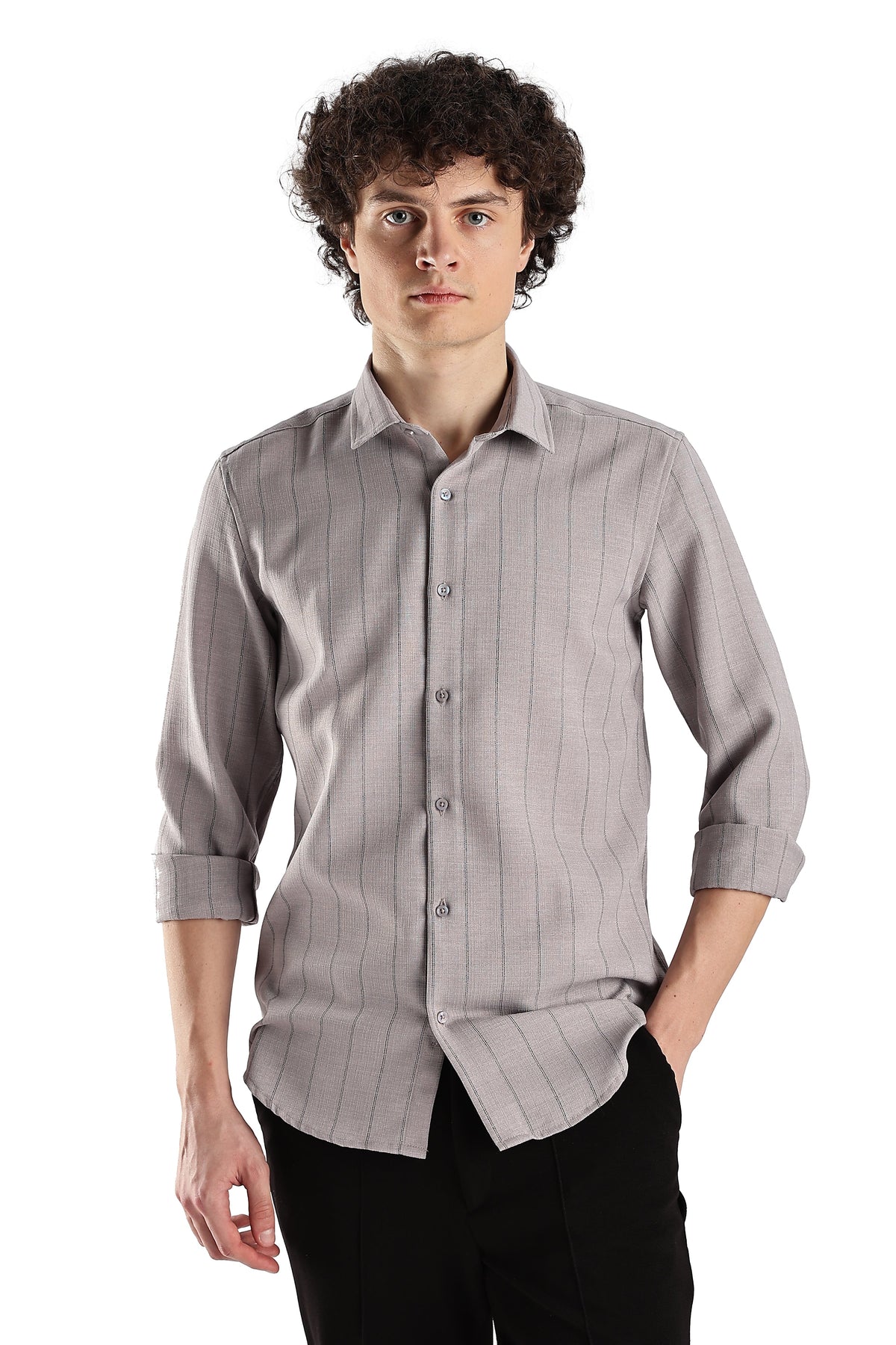 Men Air Like Linen Stripes Shirt-Lt Grey