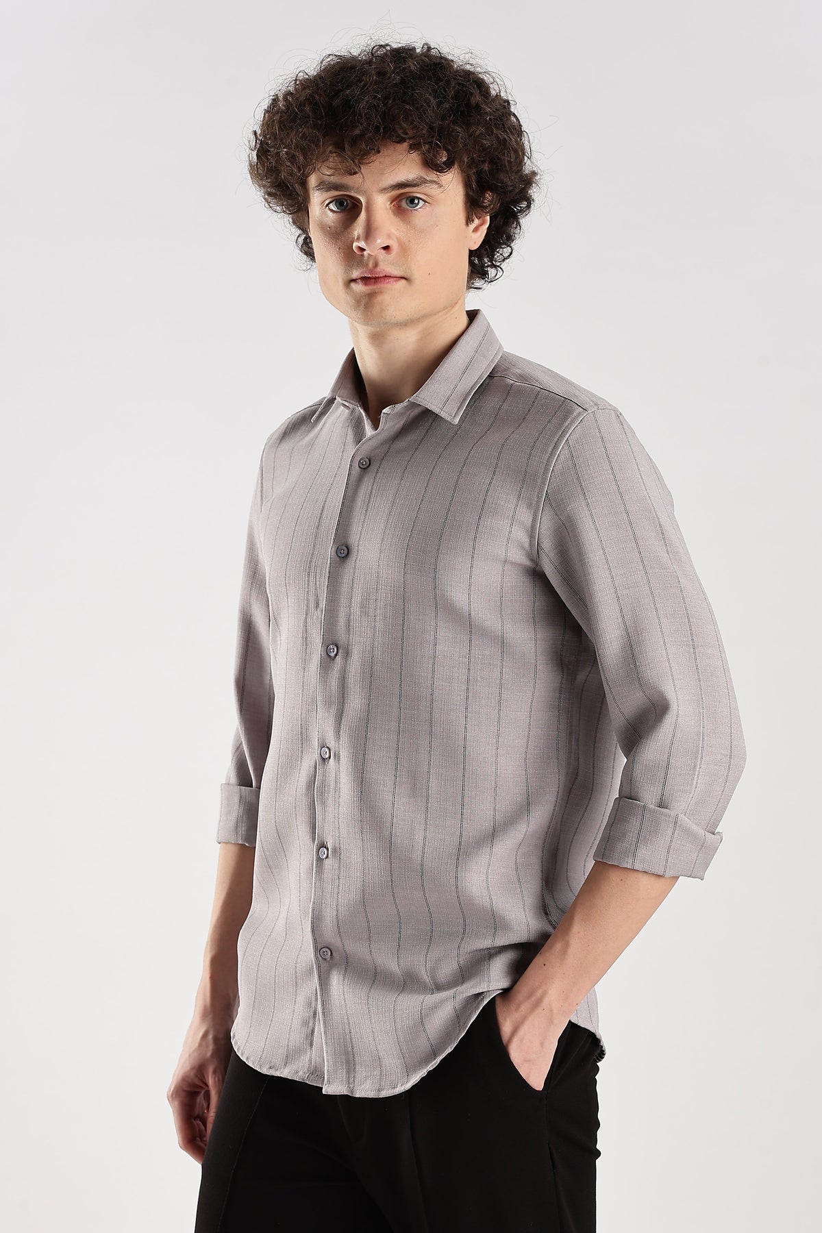 Men Air Like Linen Stripes Shirt-Lt Grey