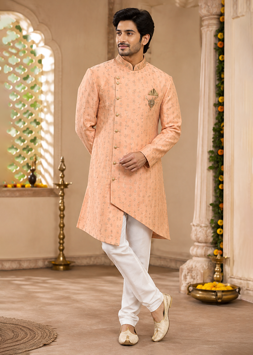 Orrange Gold Print Uvvam Kurta White Bottom