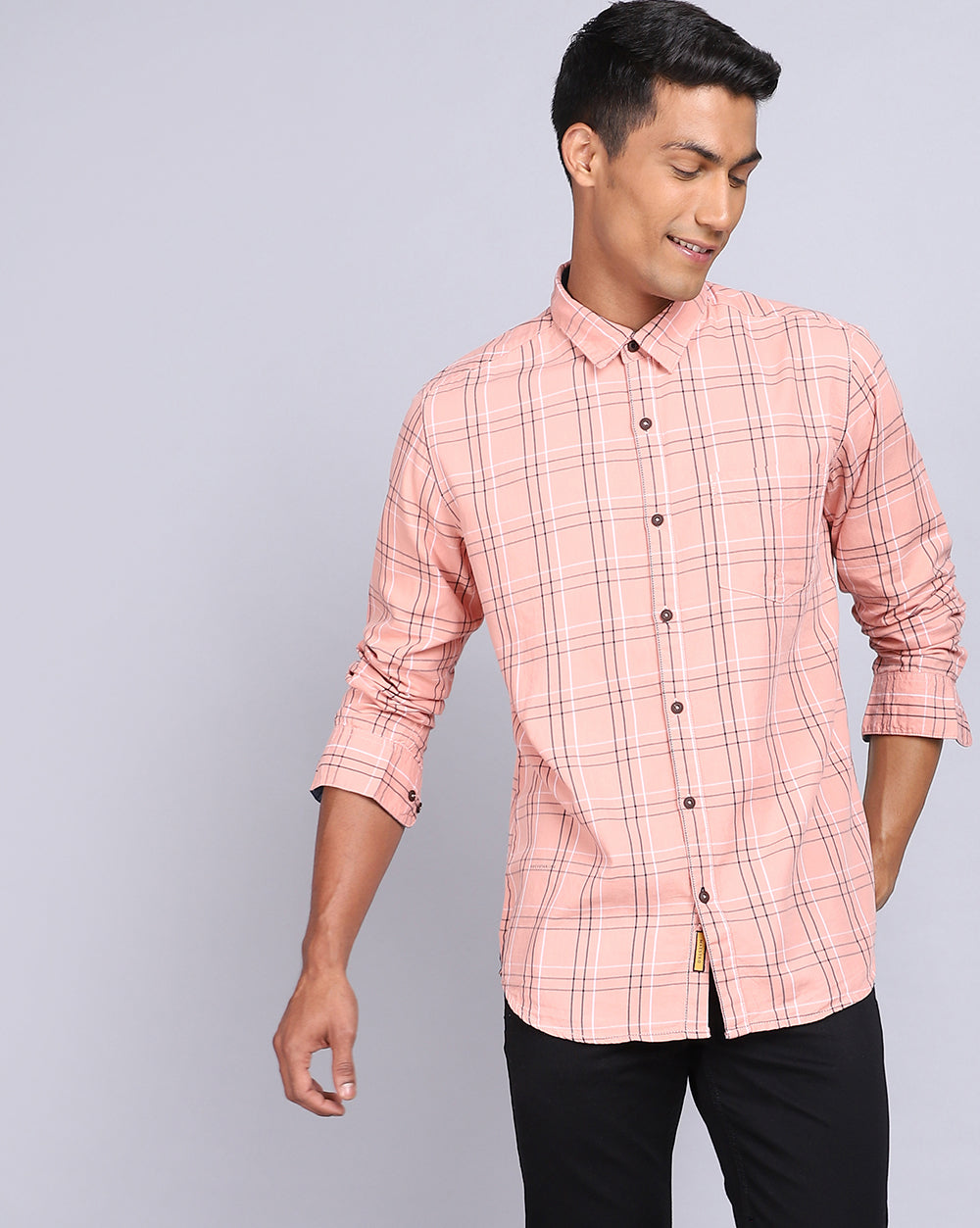 Smart Casual Full Sleeves Check Shirt-Peach