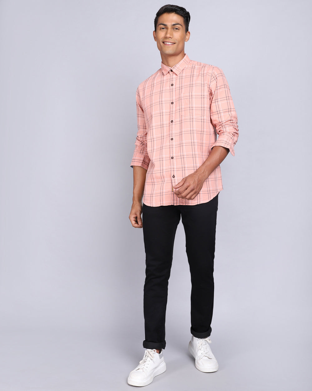 Smart Casual Full Sleeves Check Shirt-Peach