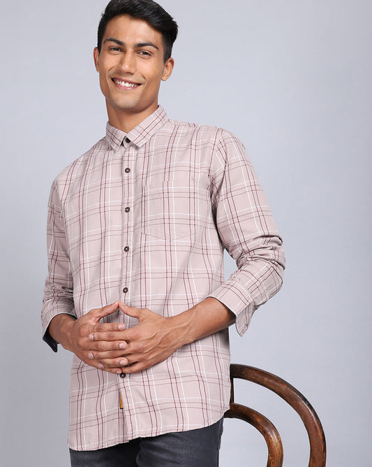 Smart Casual Full Sleeves Check Shirt-Beige