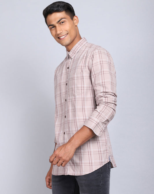 Smart Casual Full Sleeves Check Shirt-Beige