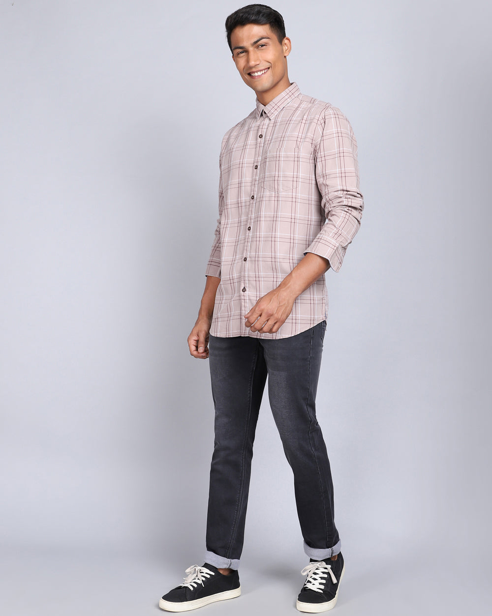 Smart Casual Full Sleeves Check Shirt-Beige