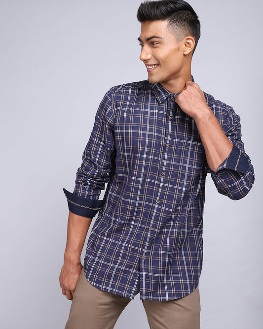 Smart Casual Full Sleeves Twill Check Shirt Navy
