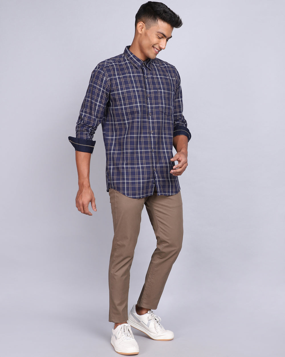 Smart Casual Full Sleeves Twill Check Shirt Navy