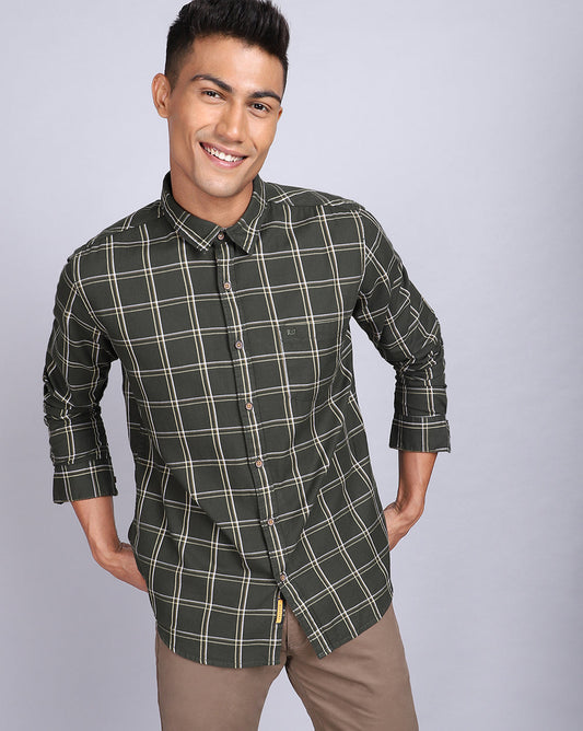 Smart Casual Full Sleeves Check Shirt-Olive