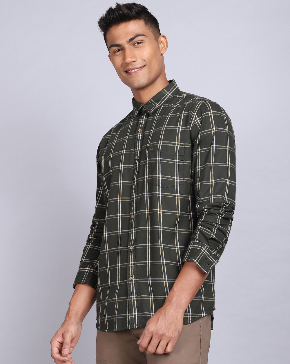 Smart Casual Full Sleeves Check Shirt-Olive