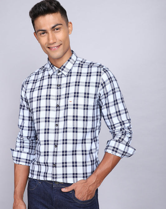 Smart Casual Full Sleeves Check Shirt White and Indigo