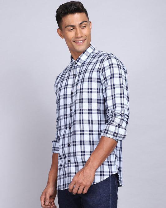 Smart Casual Full Sleeves Check Shirt White and Indigo