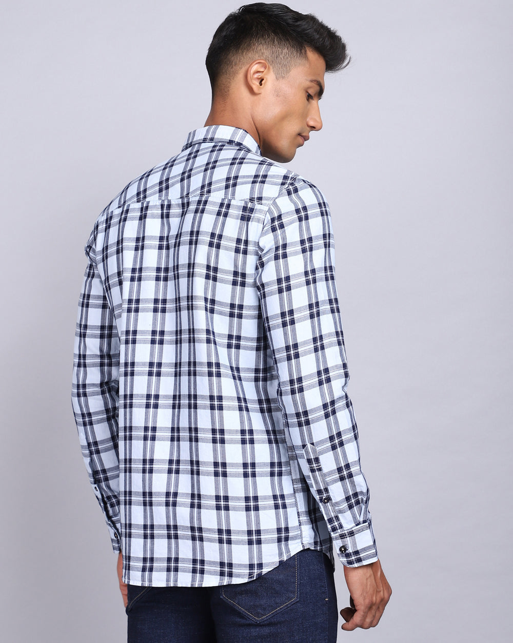 Smart Casual Full Sleeves Check Shirt White and Indigo