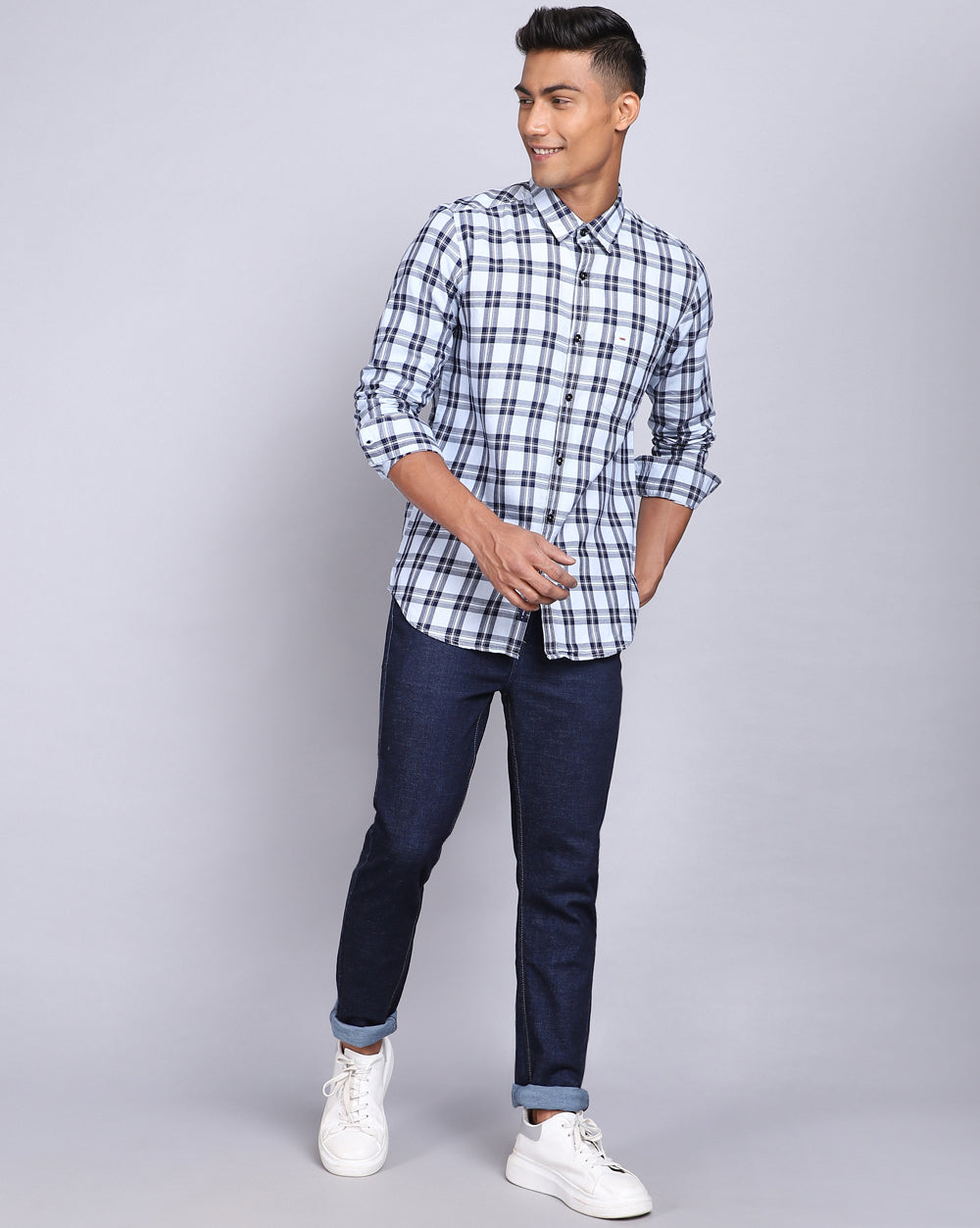 Smart Casual Full Sleeves Check Shirt White and Indigo