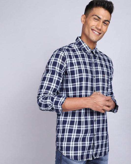 Smart Casual Full Sleeves Check Shirt-Indigo