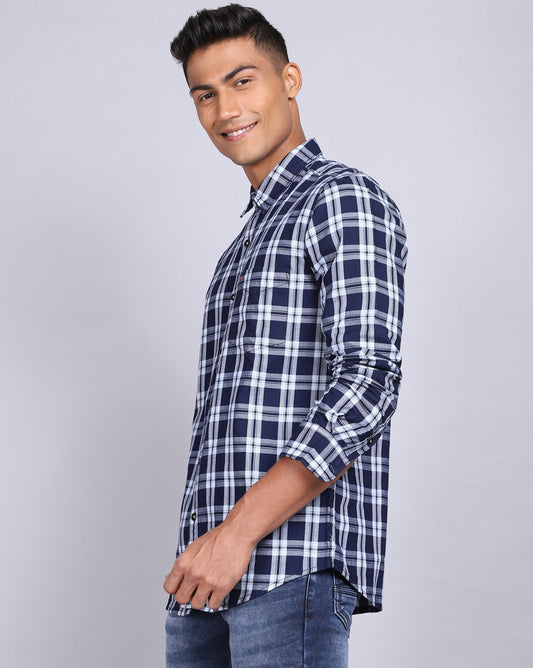 Smart Casual Full Sleeves Check Shirt-Indigo