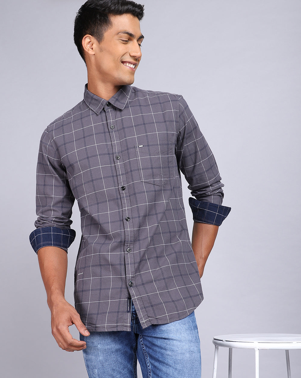 Smart Casual Full Sleeves Twill Check Shirt-Grey