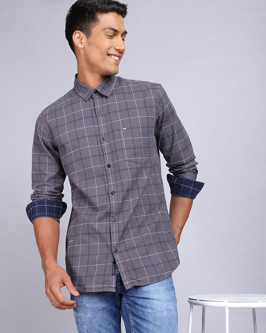 Smart Casual Full Sleeves Twill Check Shirt-Grey