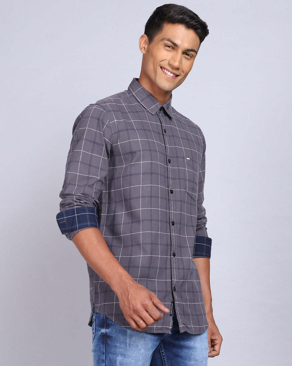 Smart Casual Full Sleeves Twill Check Shirt-Grey