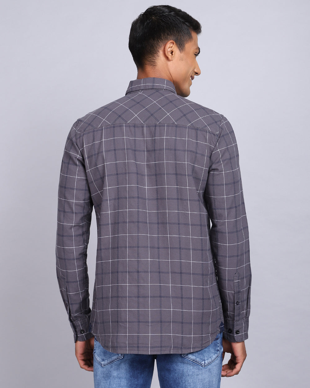 Smart Casual Full Sleeves Twill Check Shirt-Grey